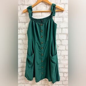 Button Front Emerald Sundress with Pockets & Ruffle straps